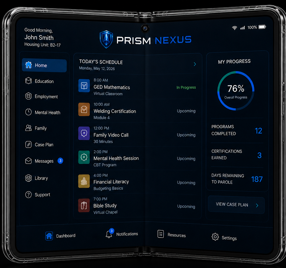 PRISM Nexus foldable device opened to the rehabilitation workspace dashboard